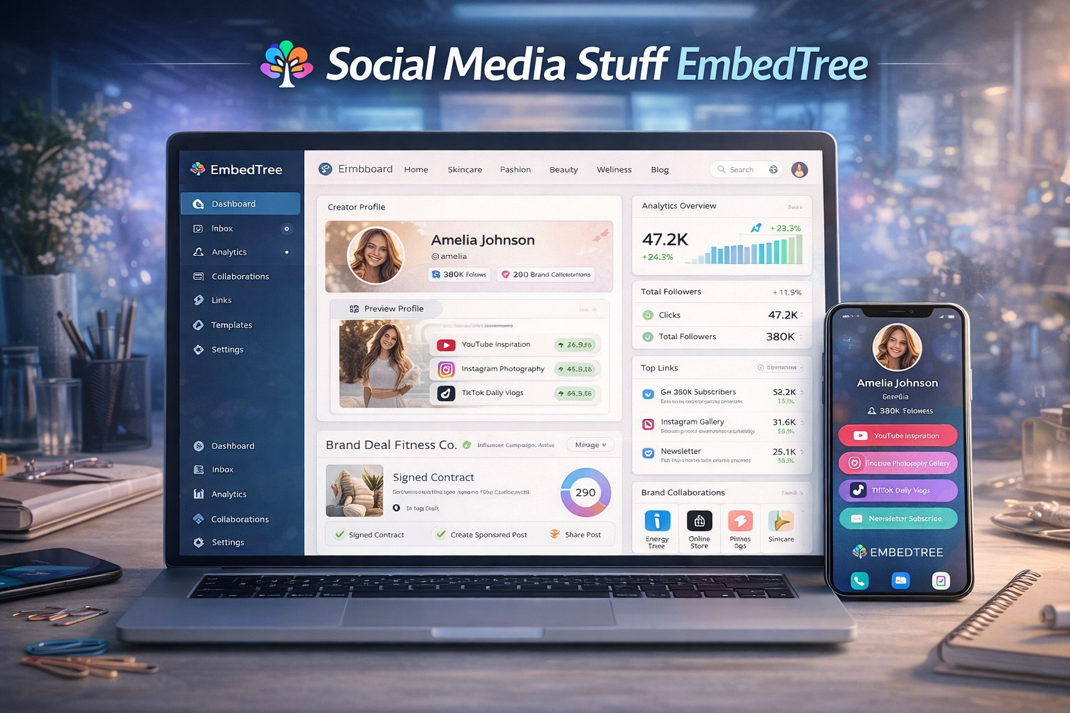 Social Media Stuff EmbedTree dashboard showing creator tools, brand links, and social media analytics