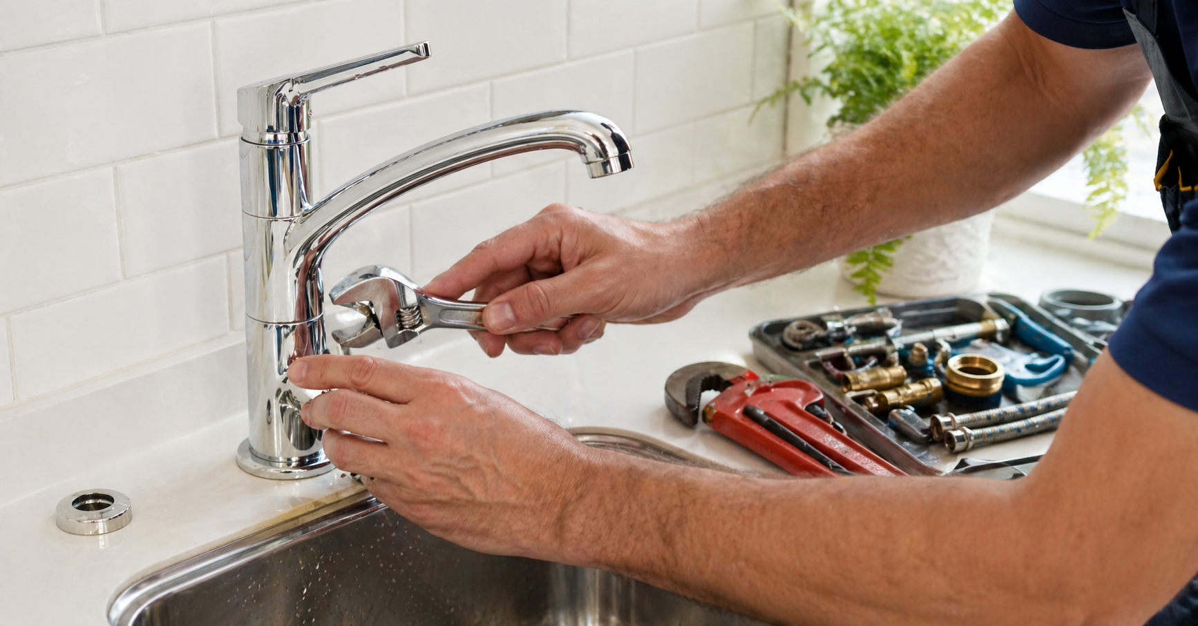 Hands using wrench to fix a leaking tap at home with tools on kitchen counter