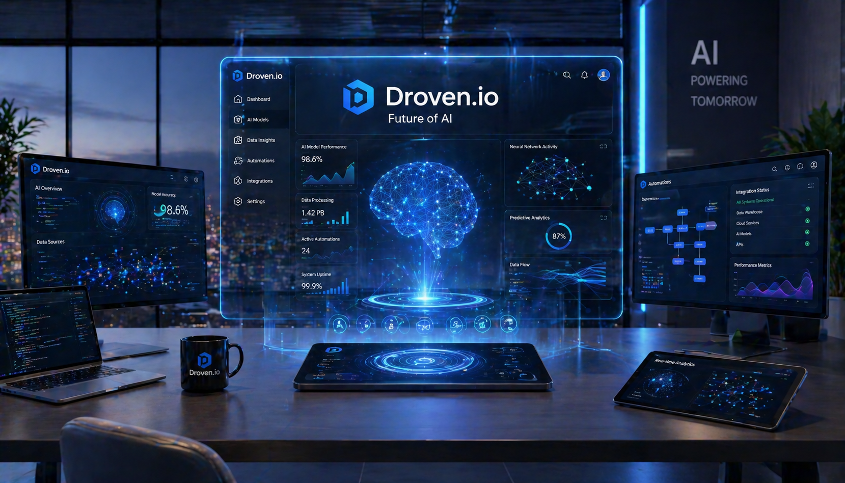 Droven.io Future of AI platform interface showing advanced artificial intelligence technology and data visualization