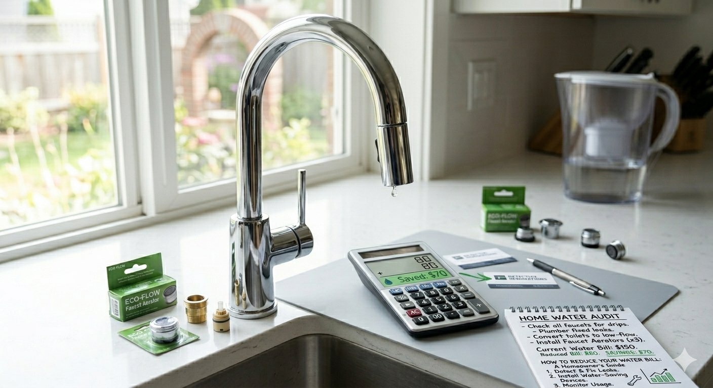 Water-saving faucet and calculator demonstrating how to reduce your water bill at home effectively