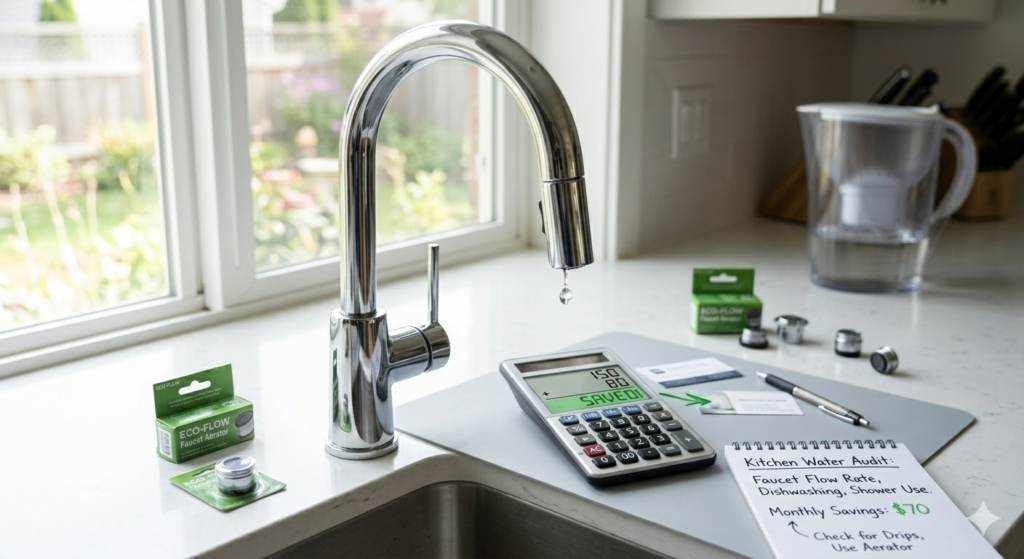 Water-saving faucet and calculator demonstrating how to reduce your water bill at home effectively